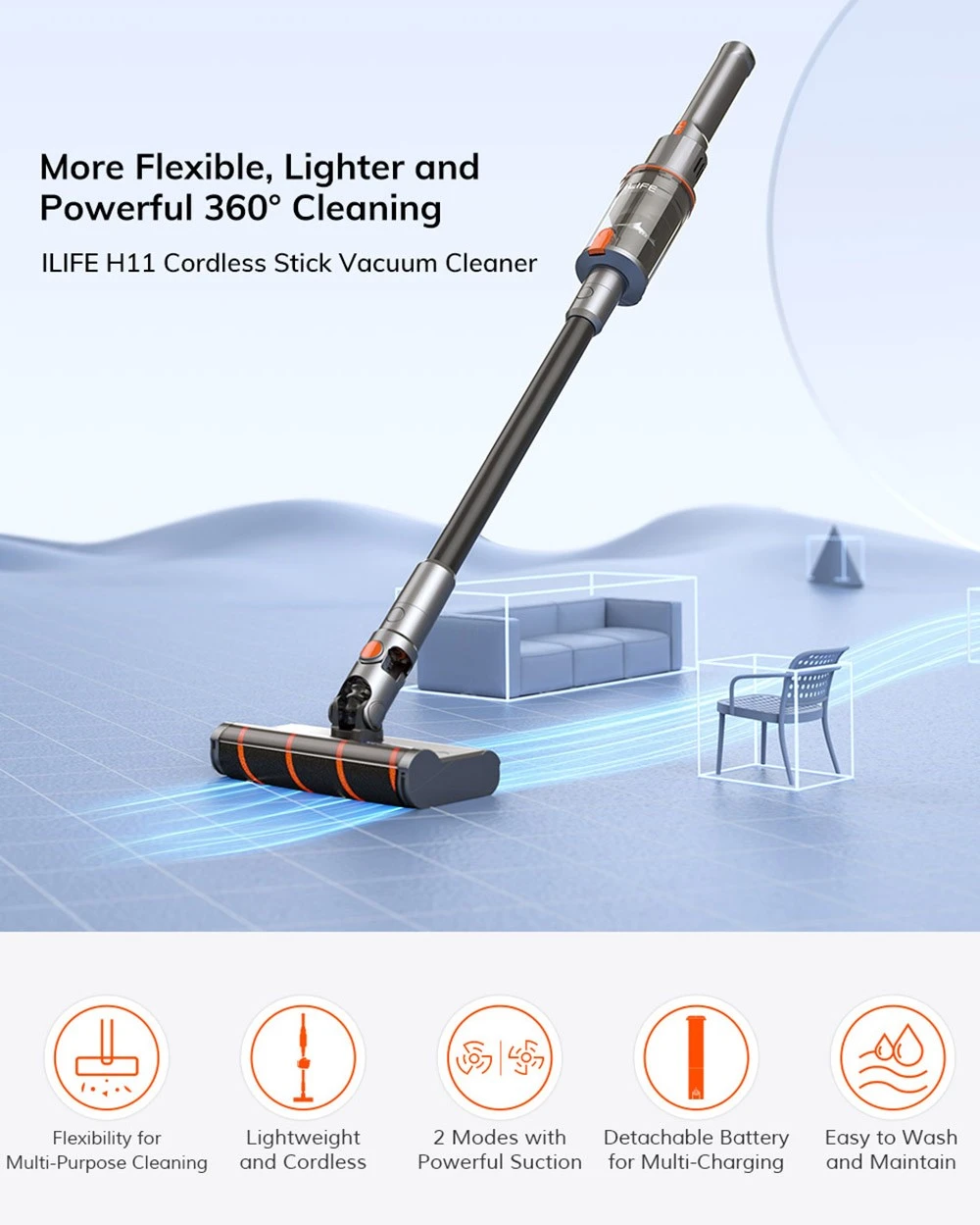 ILIFE H11 Cordless Handheld Vacuum Cleaner more flexxible, lighter